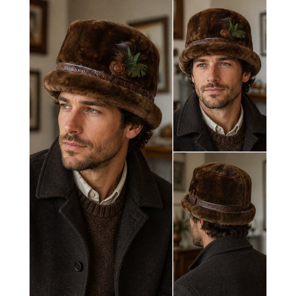 Country Gentleman Brown Faux Fur Vintage Hat Quilted Lined Leather Trim Fedora